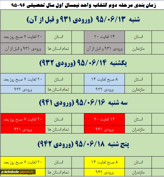 زمان بندی مرحله دوم انتخاب واحد نیمسال اول سال تحصیلی 96-95 2