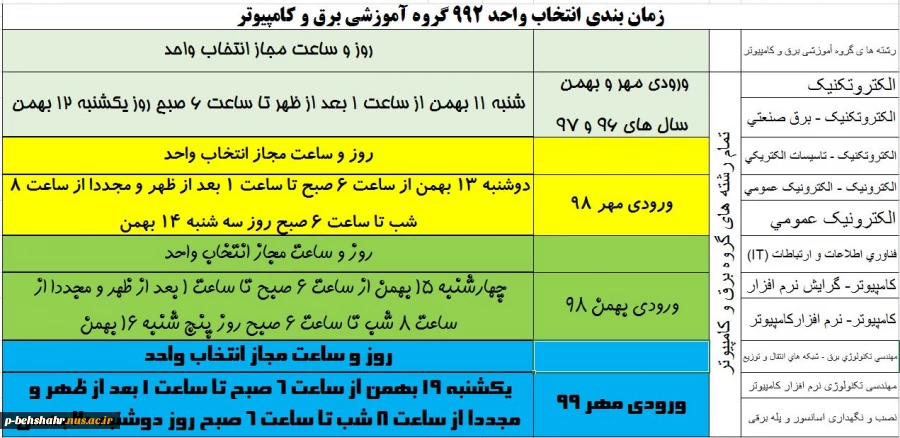 زمانبندی انتخاب واحد ترم بهمن 2
